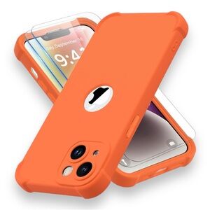 IP 14 Plus Heavy Duty, 2 pc Toughness Tempered Glass, Slim Orange Phone Case